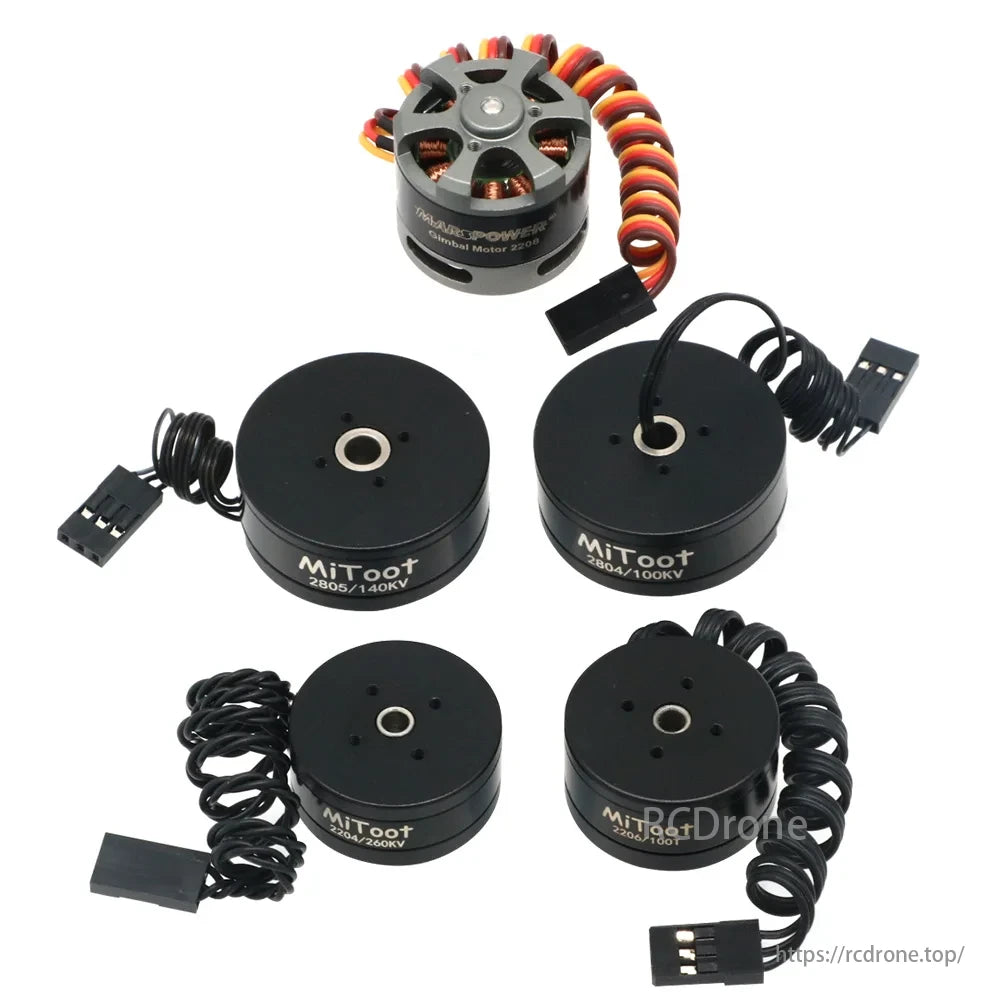 Mitoot gimbal brushless motors: 2805/140KV, 2804/100KV, 2206/100T. Compact design featuring coiled cables for efficient use.