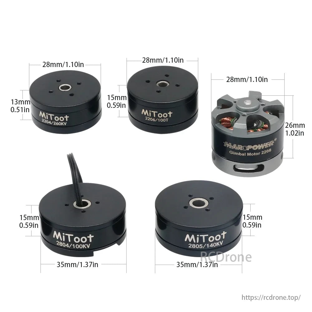 Mitoot Gimbal Brushless Motors include 2204, 2206, 2804, 2805, and 2208 models with varying dimensions and specifications, featuring compact designs and precise engineering for gimbals.