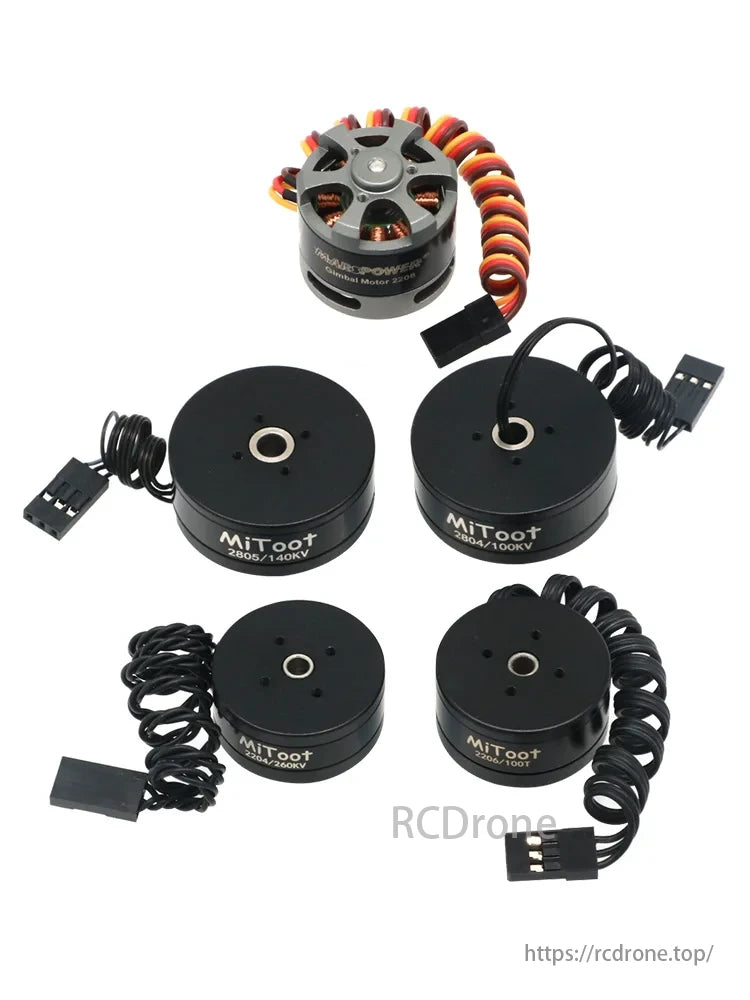 Mitoot Gimbal Brushless Motors include models: 2805/140KV, 2204/260KV, 2804/100KV, and 2206/100T, offering versatile stabilization options.