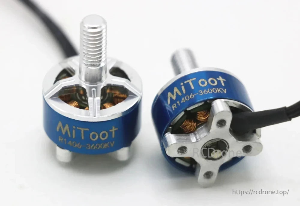 Mitoot R1406 1406 3600KV 2-4S Brushless Motor, Specifications for a 4S Lipo motor: M5 shaft diameter, M2 mounting hole, 12mm width, 28.55mm height, and 13.2g weight with cable and nut.