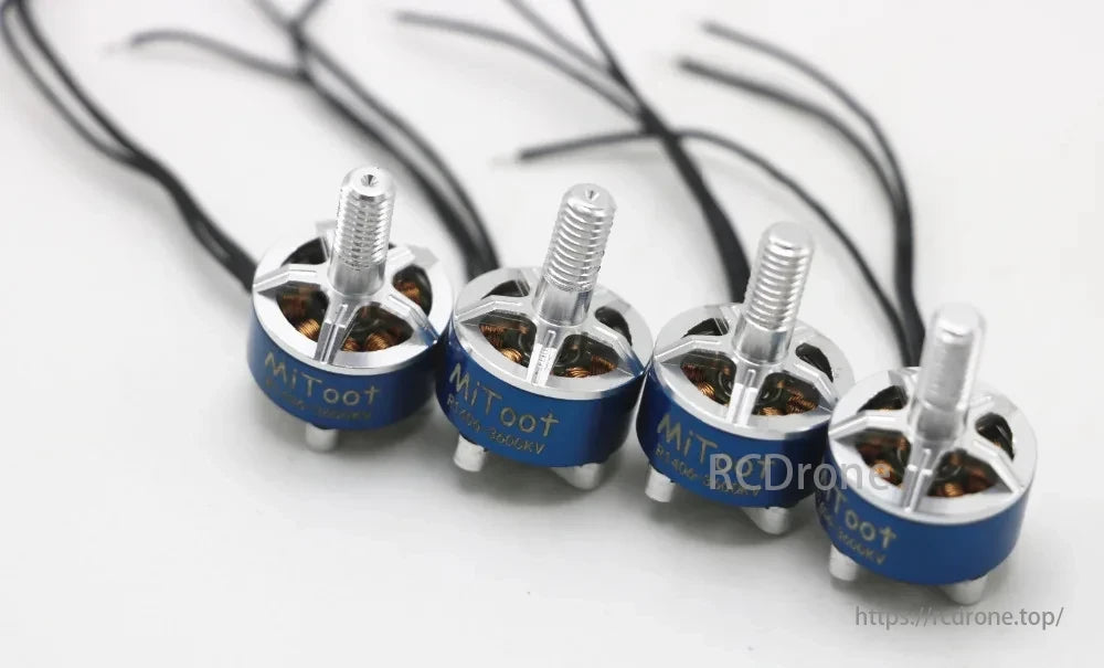 Mitoot R1406 1406 3600KV 2-4S Brushless Motor, Details for a small electric motor, including shaft diameter, mounting hole size, dimensions, weight, and recommended propeller size.