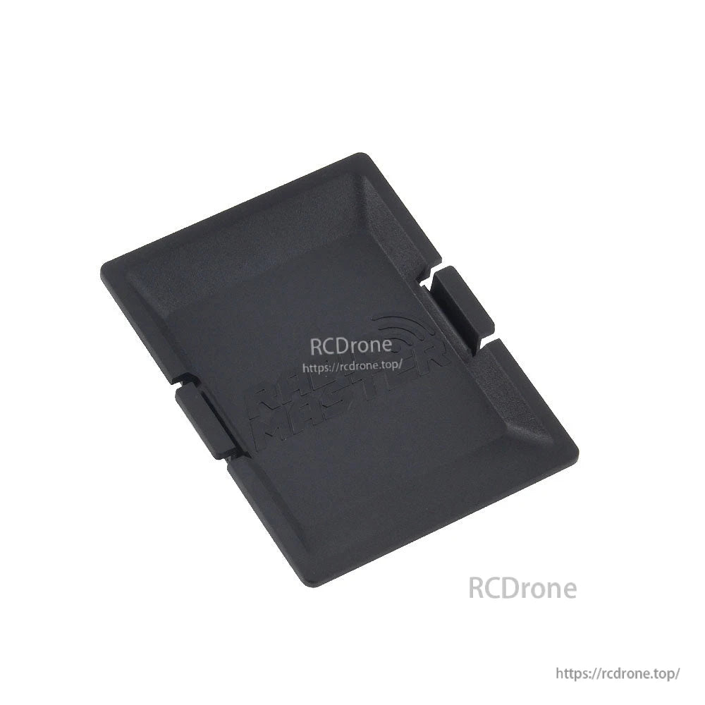Angled view of black plastic bay cover showing side clips and raised logo detail