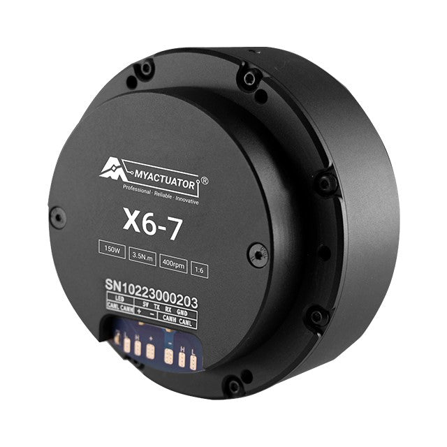 MyActuator X6-7: 150W, 3.5N·m torque, 400rpm, 1:6 gear ratio, CAN/RS485 interface, high-precision servo for robotics and automation.