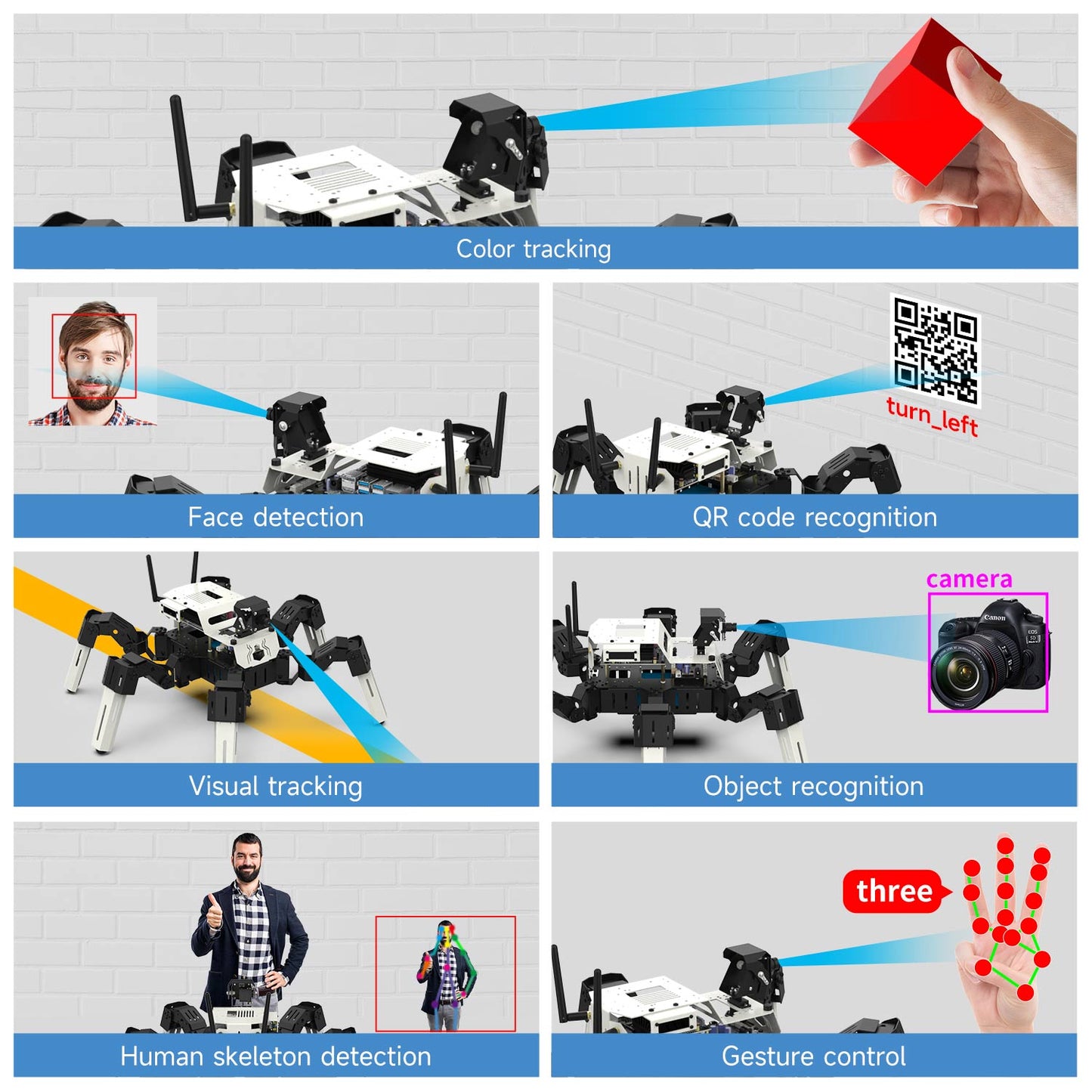  18DOF Muto Hexapod Robot AI vision functions: color, face and visual tracking, QR code and object recognition, visual tracking