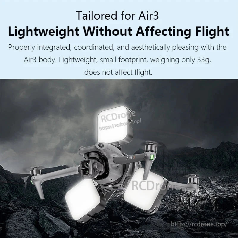 Lightweight 33g mount for Air3, features dual cold shoes and 1/4 adapter, seamlessly integrated without affecting flight performance.