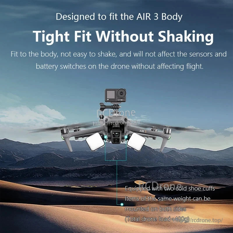 Secure DJI Air 3 mount with dual cold shoe cuffs, supports accessories under 400g total load, maintains sensor and battery function without shaking.