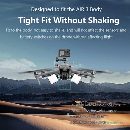 Secure DJI Air 3 mount with dual cold shoe cuffs, supports accessories under 400g total load, maintains sensor and battery function without shaking.