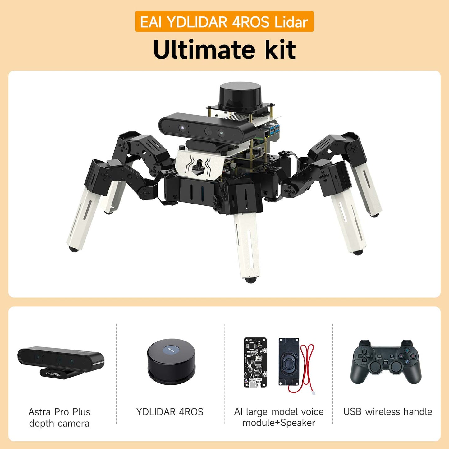 Ultimate kit package contents: hexapod robot with Astra Pro Plus depth camera, YDLIDAR 4ROS, voice module and USB handle