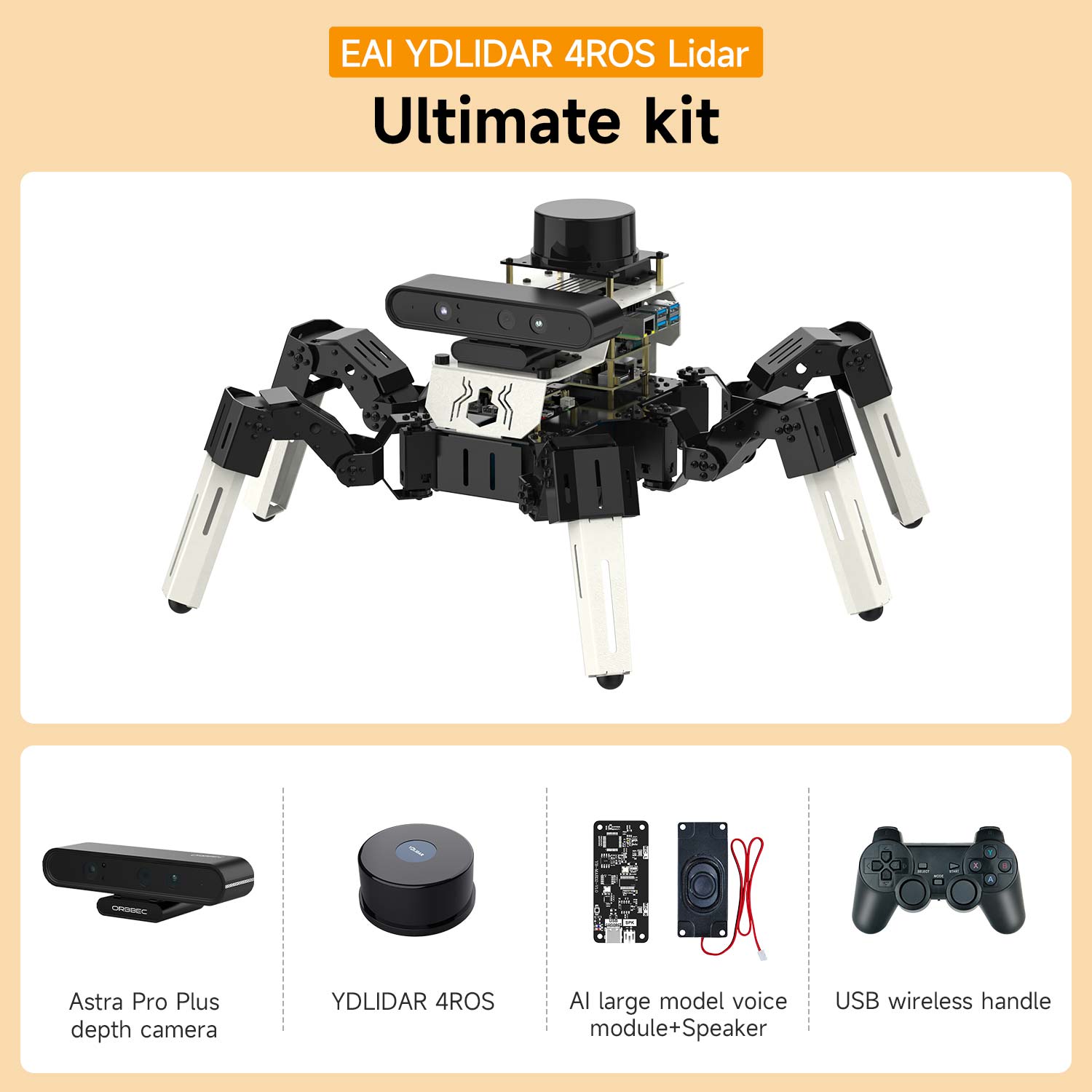 Ultimate kit package contents: hexapod robot with Astra Pro Plus depth camera, YDLIDAR 4ROS, voice module and USB handle
