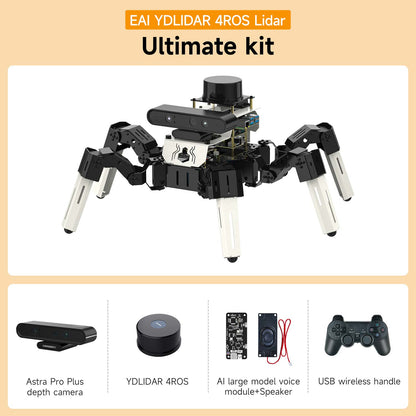 Ultimate kit package contents: hexapod robot with Astra Pro Plus depth camera, YDLIDAR 4ROS, voice module and USB handle