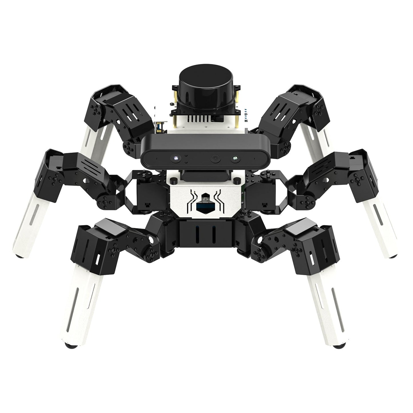 Yahboom Muto RS 18DOF ROS2 hexapod robot front view with depth camera bar and top LiDAR module