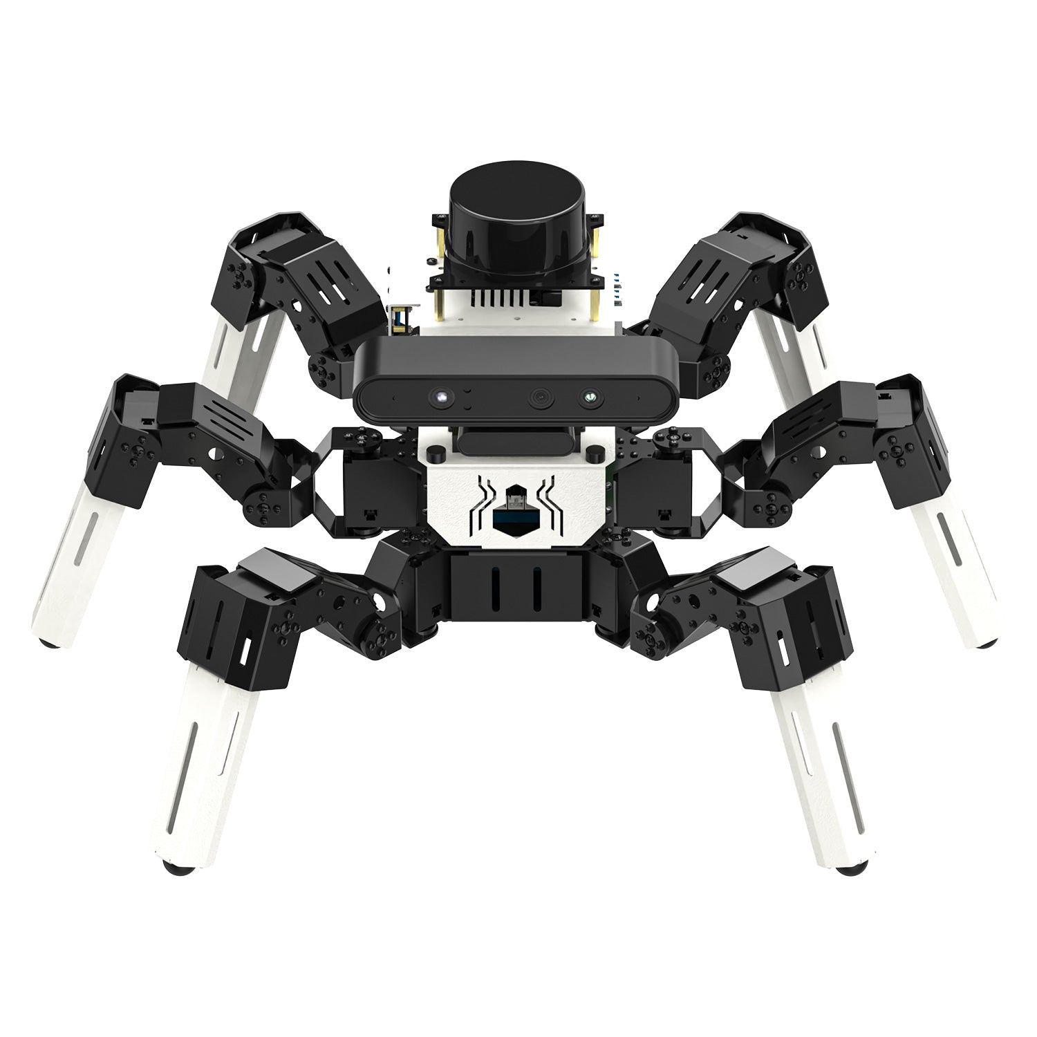 Yahboom Muto RS 18DOF ROS2 hexapod robot front view with depth camera bar and top LiDAR module
