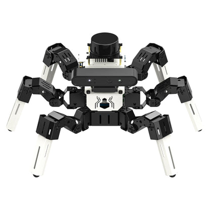 Yahboom Muto RS 18DOF ROS2 hexapod robot front view with depth camera bar and top LiDAR module