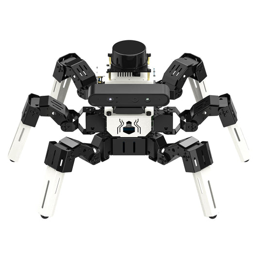 Yahboom Muto RS 18DOF ROS2 hexapod robot front view with depth camera bar and top LiDAR module
