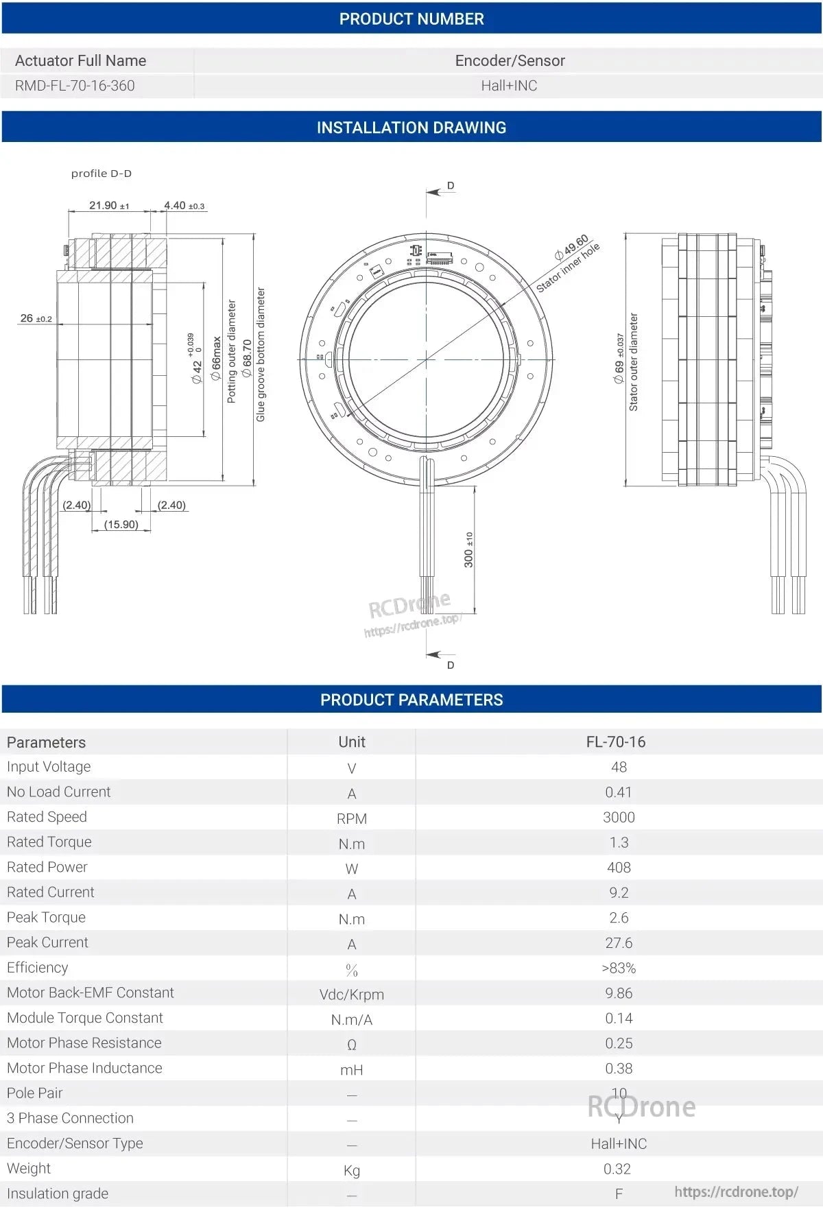 MyActuator FL70-16 motor: 48V, 3000 RPM, 1.3 N.m torque, Hall+INC encoder, 69mm diameter, 300mm length, 0.32kg, >83% efficiency, Y connection, F insulation.