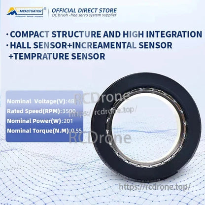 The FL-70-10 frameless torque motor features 48V, 3500RPM, 0.55N·m torque, sensors, compact design, high integration, and is part of a brushless servo system.