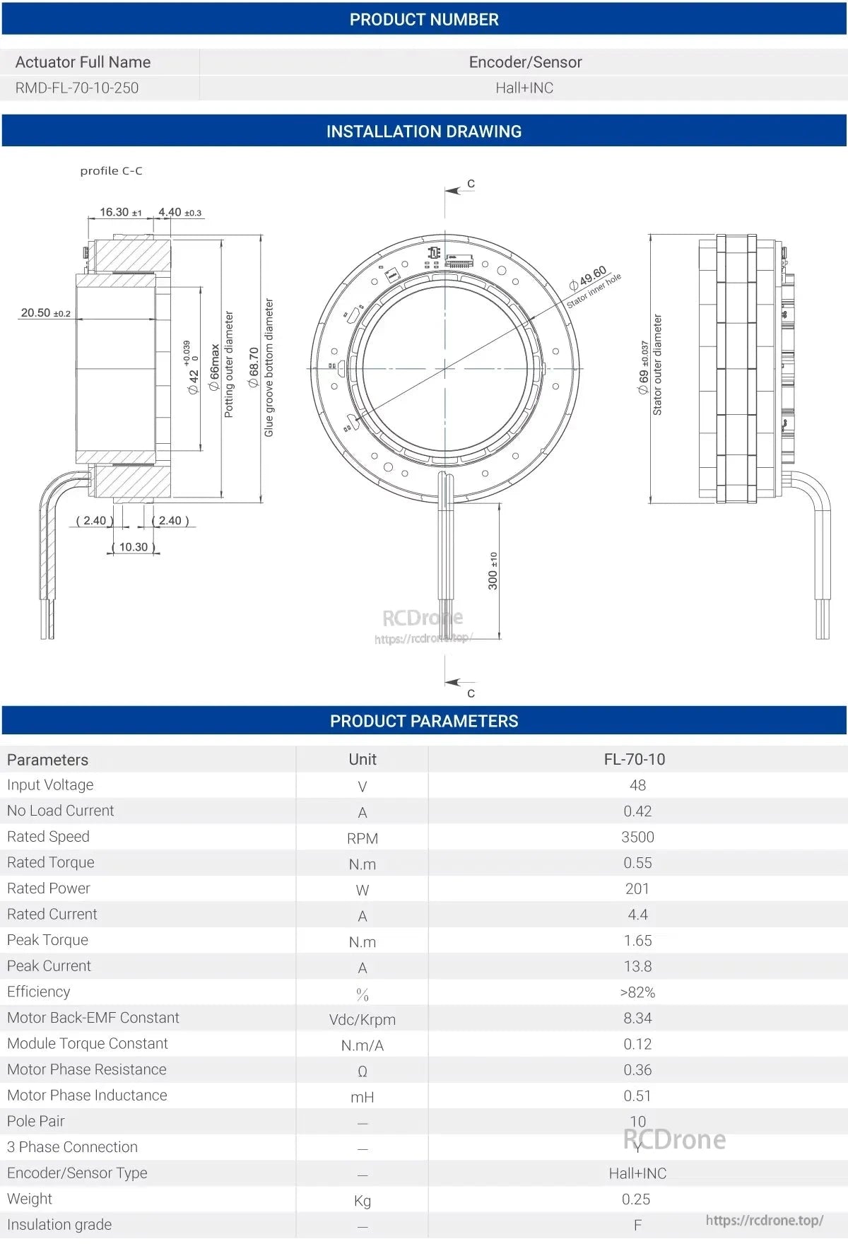 MyActuator FL-70-10 motor: 48V, 3500 RPM, 0.55 N.m torque, Hall+INC encoder, 0.25 kg, 10 pole pairs, Y connection, F insulation, 69 mm stator, 300 mm shaft.