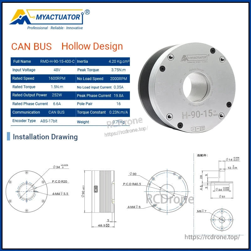 MyActuator H90-15 Direct Drive Actuator, Direct drive actuator with hollow design, CAN BUS, 48V, 1.5N.m torque, 1600RPM, 252W. Includes installation drawings and specs for precise integration.