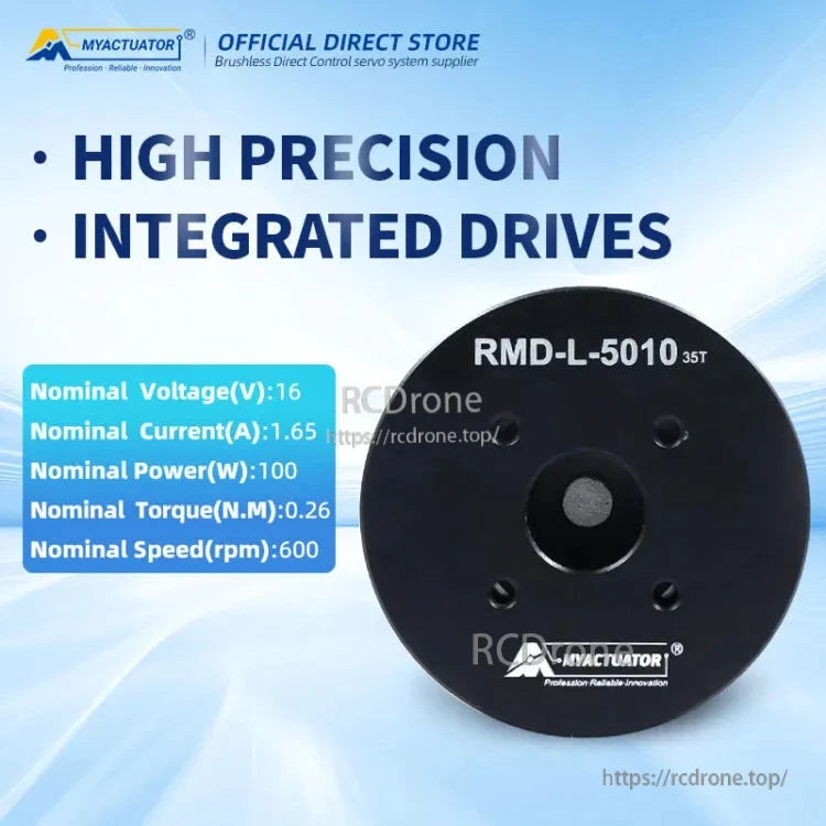 High-precision MyActuator RMD-L-5010 35T motor: 16V, 1.65A, 100W, 0.26N.M torque, 600rpm. Suitable for robot arms, exoskeletons, gimbals, UAVs, and LiDAR applications.