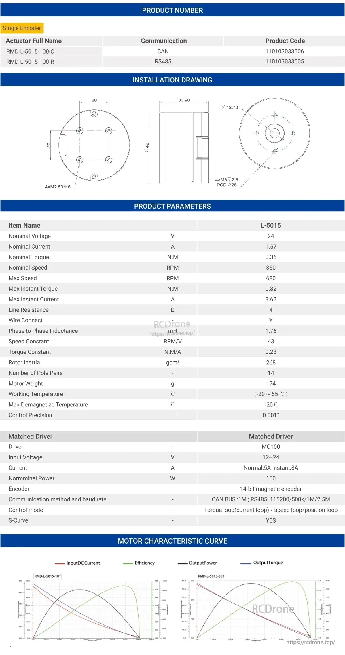 MyActuator L-5015 BLDC Servo, The BLDC Servo MyActuator L-5015 provides 24V, 0.36 N.M torque, 350 RPM, 14-bit encoder, and supports CAN/RS485 with MC100 driver for torque, speed, and position control.