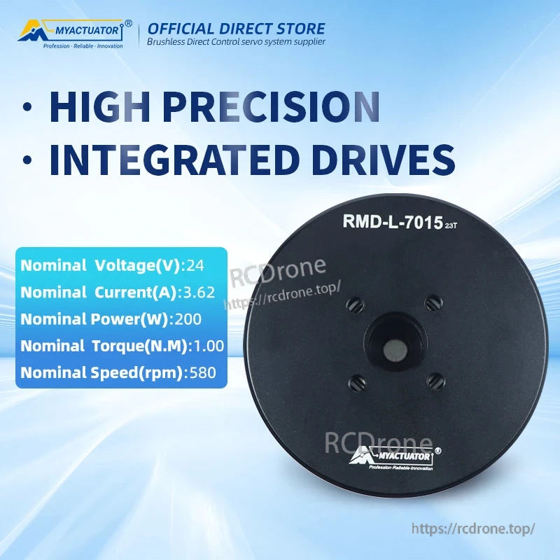 MyActuator RMD-L-7015 BLDC servo motor: 24V, 200W, 1.00Nm torque, 580rpm, high precision, 18-bit resolution, RS485/CAN, ideal for drones, exoskeletons, LiDAR.