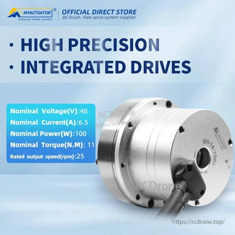 MyActuator RH-14: 48V, 11Nm torque, CAN BUS/EtherCAT, dual 17-bit encoder, high precision, integrated drive, 100W, 6.5A, 25rpm.