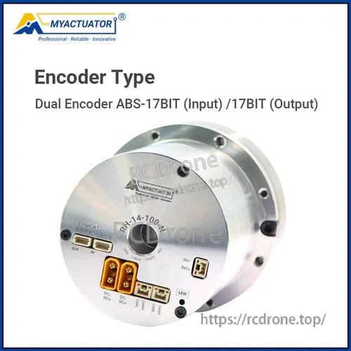 MyActuator RH-14 motor: 48V, 11Nm torque, 28Nm peak, CAN BUS/EtherCAT, dual 17-bit encoder for robotic arms.