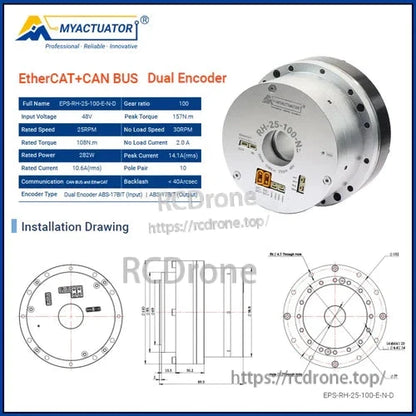 MyActuator RH-25 motor: 48V, 157N·m peak torque, 100:1 gear ratio, dual encoder, EtherCAT & CAN. 108Nm rated torque, 282W, 10 pole pairs. Includes installation drawings.