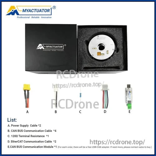 MyActuator RH-25 motor: 48V, 157N·m torque, 100:1 gear ratio, dual encoder, EtherCAT & CAN Bus. Includes cables, resistance, module, and USB-CAN adapter.