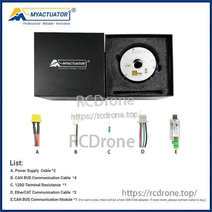 MyActuator RH-25 motor: 48V, 157N·m torque, 100:1 gear ratio, dual encoder, EtherCAT & CAN Bus. Includes cables, resistance, module, and USB-CAN adapter.