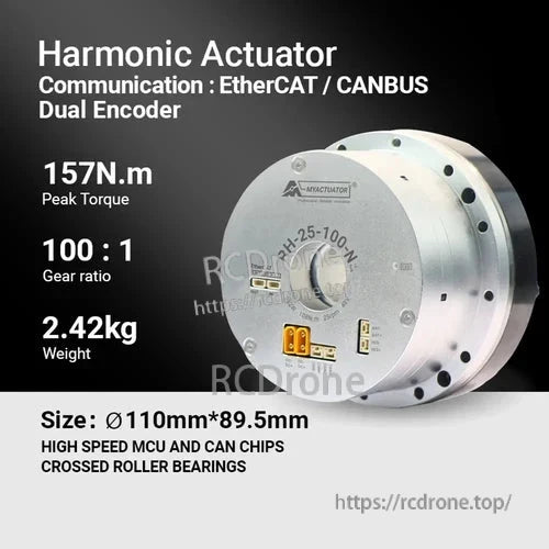 High-torque harmonic actuator with 100:1 gear ratio, dual encoder, EtherCAT/CANBUS, lightweight 2.42kg, Ø110mm×89.5mm, high-speed MCU, CAN chips, roller bearings.