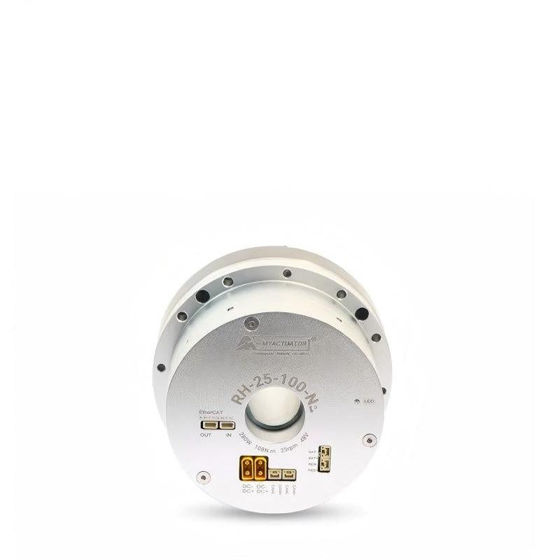 MyActuator RH-25 harmonic actuator 48V 100:1, front face with output bore and CAN/EtherCAT ports