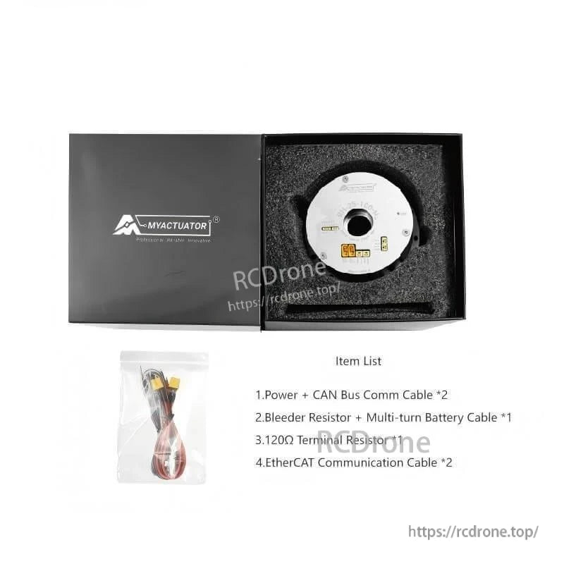 Boxed package contents with RH-25 actuator in foam insert and included cables/resistor item list