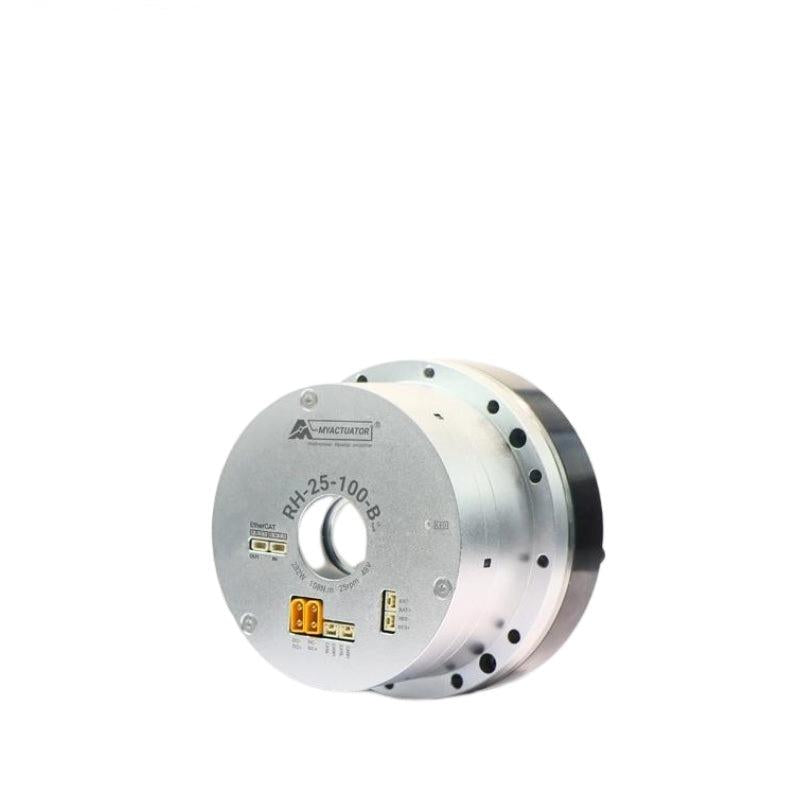 Angled view of RH-25-100 actuator housing, showing front plate, mounting holes, and rear cap
