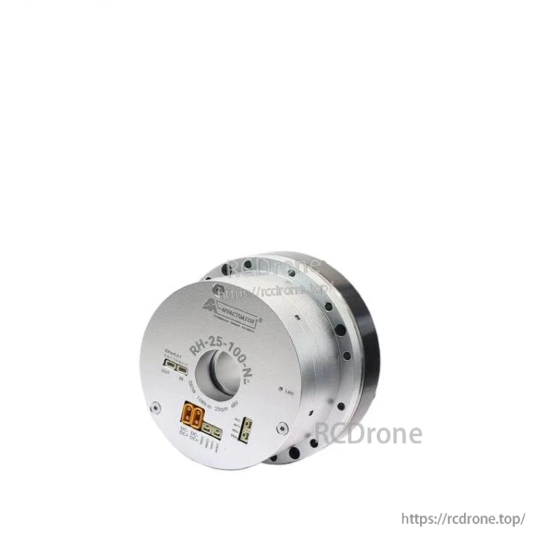 MyActuator RH-25-100 harmonic actuator 48V, angled view with connector block and status labels