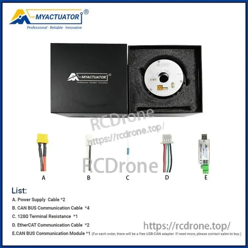 MyActuator RH-32 robot joint module features 48V, 229Nm torque, dual 17-bit encoders, supports CAN BUS and EtherCAT, includes cables and USB-CAN adapter.
