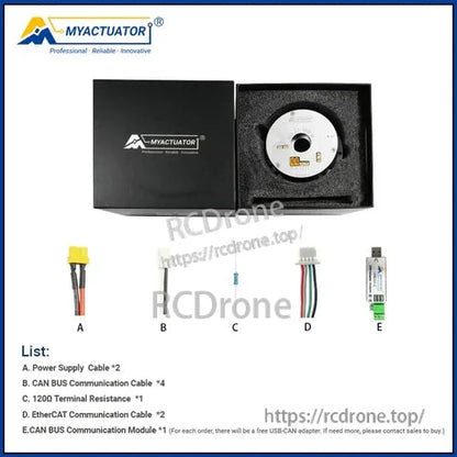 MyActuator RH-32 robot joint module features 48V, 229Nm torque, dual 17-bit encoders, supports CAN BUS and EtherCAT, includes cables and USB-CAN adapter.