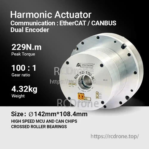 High-torque harmonic actuator (229N.m, 100:1 gear ratio), 4.32kg, compact size, dual 17-bit encoders, EtherCAT/CANBUS, MCU, roller bearings. Model RH-32-100-M for robotic precision control.