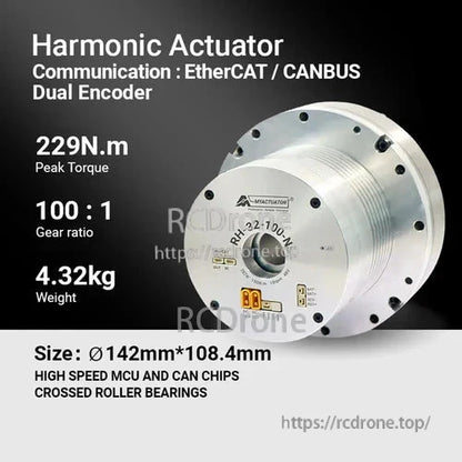 High-torque harmonic actuator (229N.m, 100:1 gear ratio), 4.32kg, compact size, dual 17-bit encoders, EtherCAT/CANBUS, MCU, roller bearings. Model RH-32-100-M for robotic precision control.