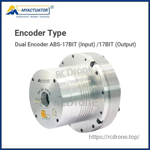 MyActuator RH-32 hollow harmonic joint module features 48V, 229Nm peak torque, dual 17-bit encoders, and supports CAN BUS & EtherCAT control.