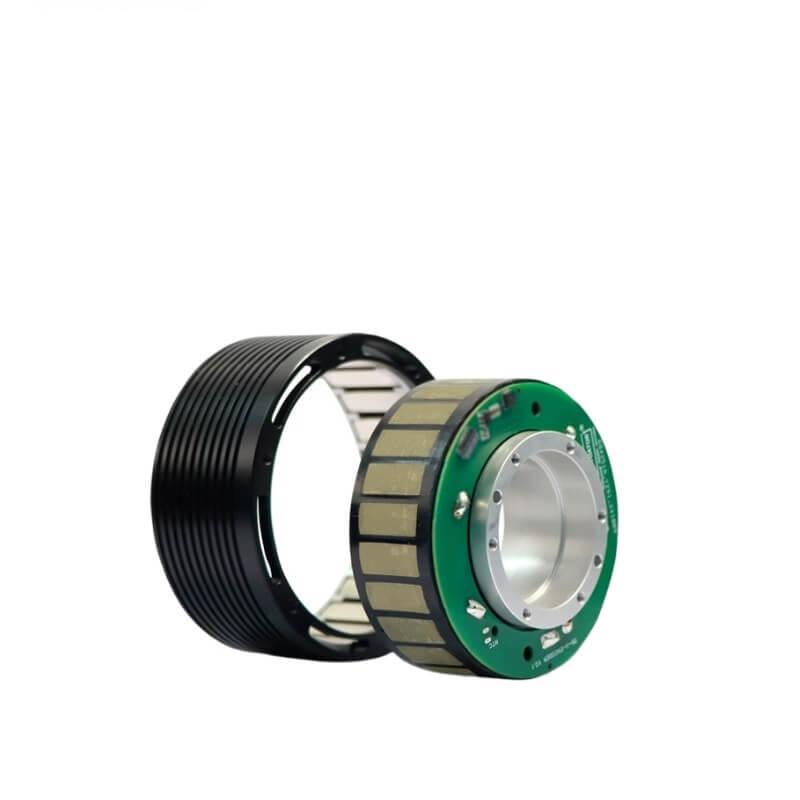 Angled view of frameless outer rotor motor assembly with green Hall sensor board and black rotor housing
