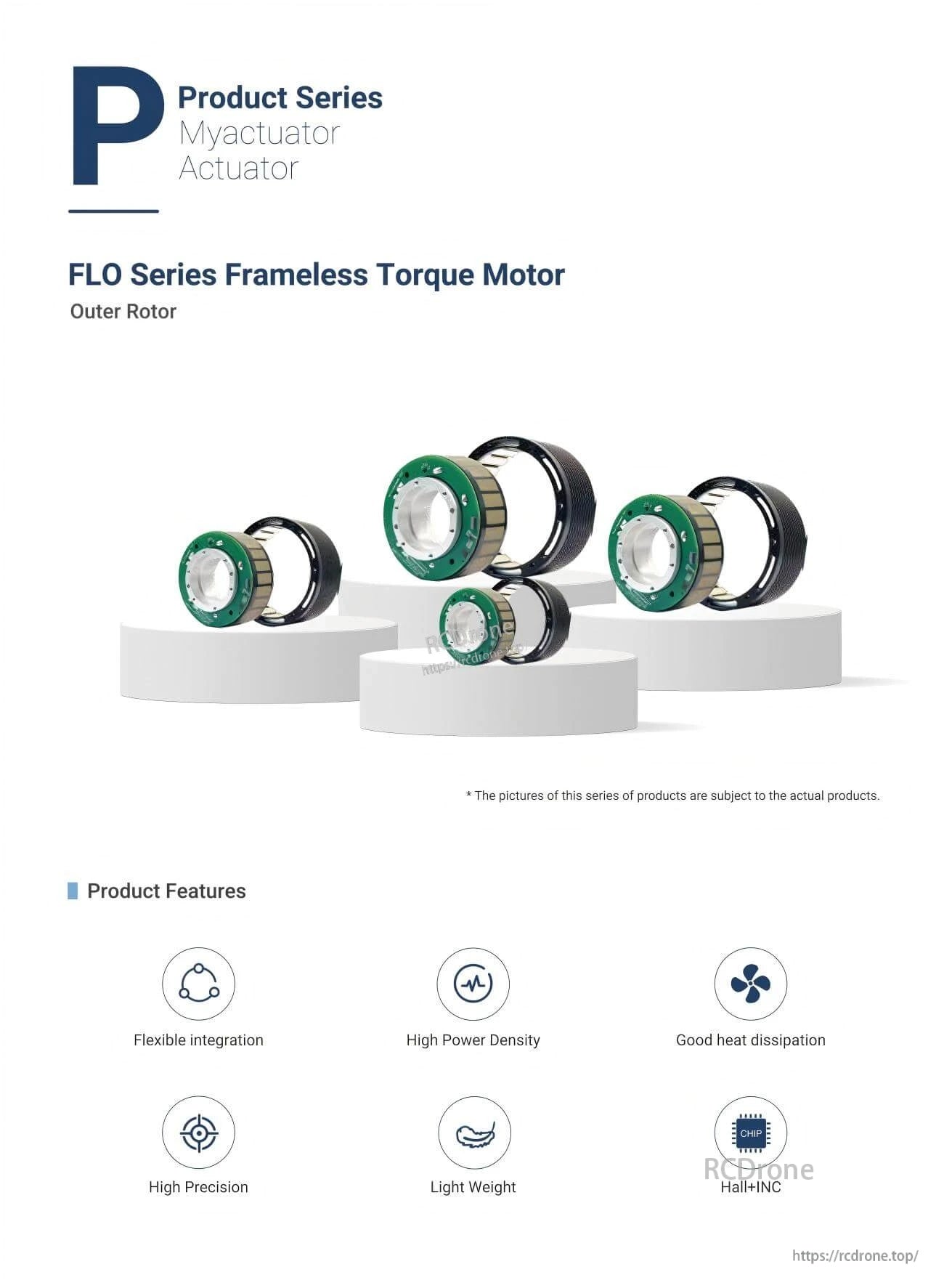 MyActuator RMD-FLO outer-rotor frameless torque motor (FLO series) overview with key feature icons