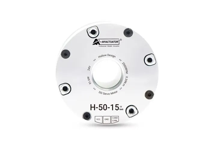 MyActuator H-50-15: 24V, 2500RPM, 0.9N·m torque, 17-bit encoder, hollow shaft, CAN bus interface, DD servo motor with VCC, GND, CANH, CANL.