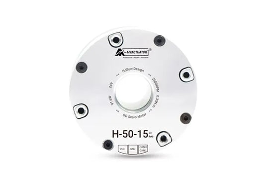 MyActuator H-50-15: 24V, 2500RPM, 0.9N·m torque, 17-bit encoder, hollow shaft, CAN bus interface, DD servo motor with VCC, GND, CANH, CANL.