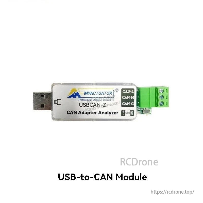 USB-to-CAN adapter analyzer module with green screw terminal labeled CAN-L, CAN-H, and CAN-G