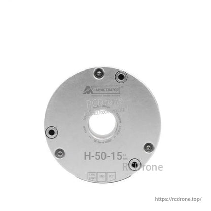 Front face close-up of MyActuator H-50-15 motor showing mounting screws, center bore, and CANH/CANL pins