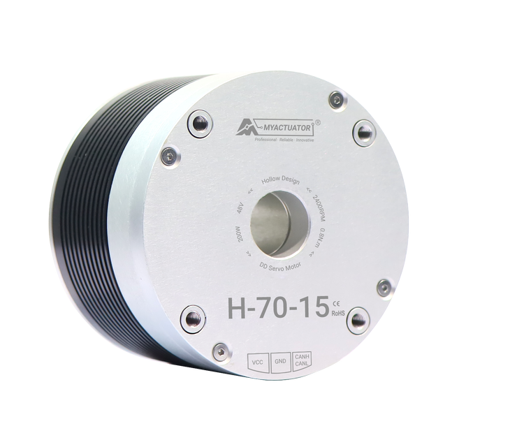 The H-70-15 is a 48V hollow direct drive actuator with 2400RPM speed, 2Nm torque, and CAN BUS communication.