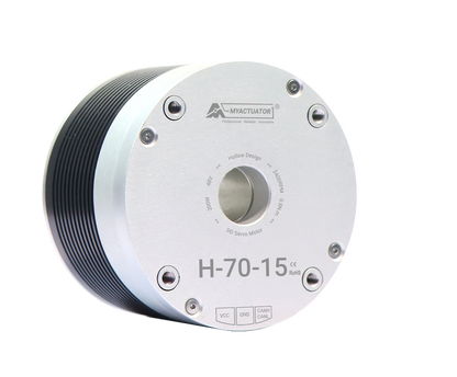 The H-70-15 is a 48V hollow direct drive actuator with 2400RPM speed, 2Nm torque, and CAN BUS communication.