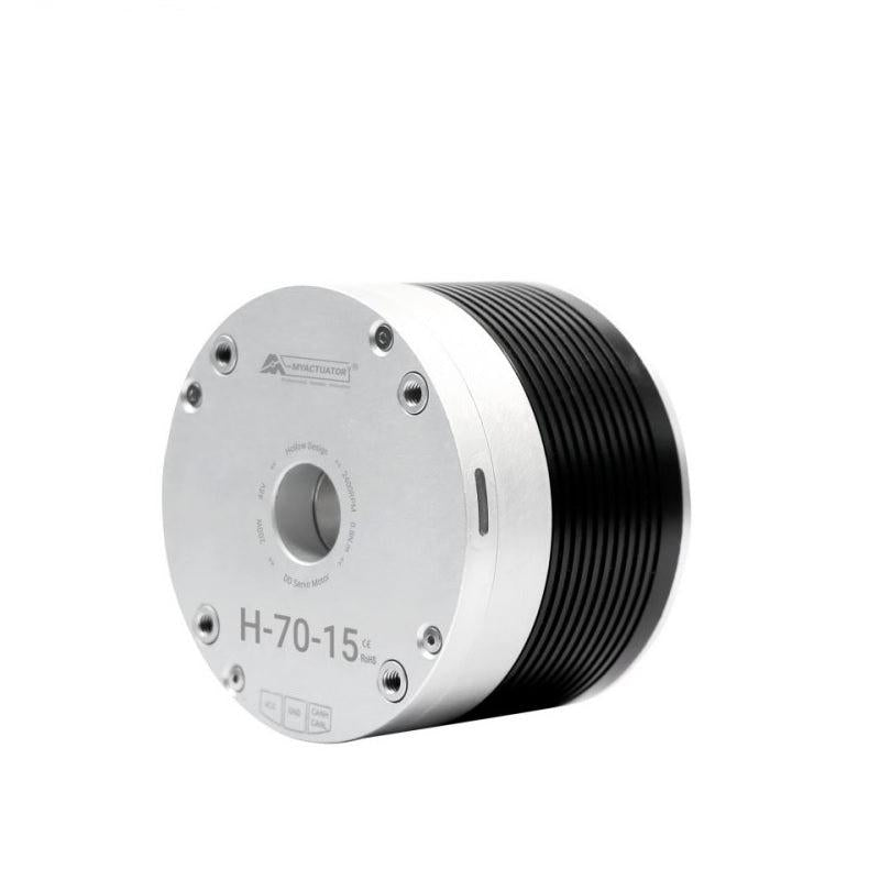 RMD-H-70-15 CAN bus motor angled view showing ribbed black housing and front cover