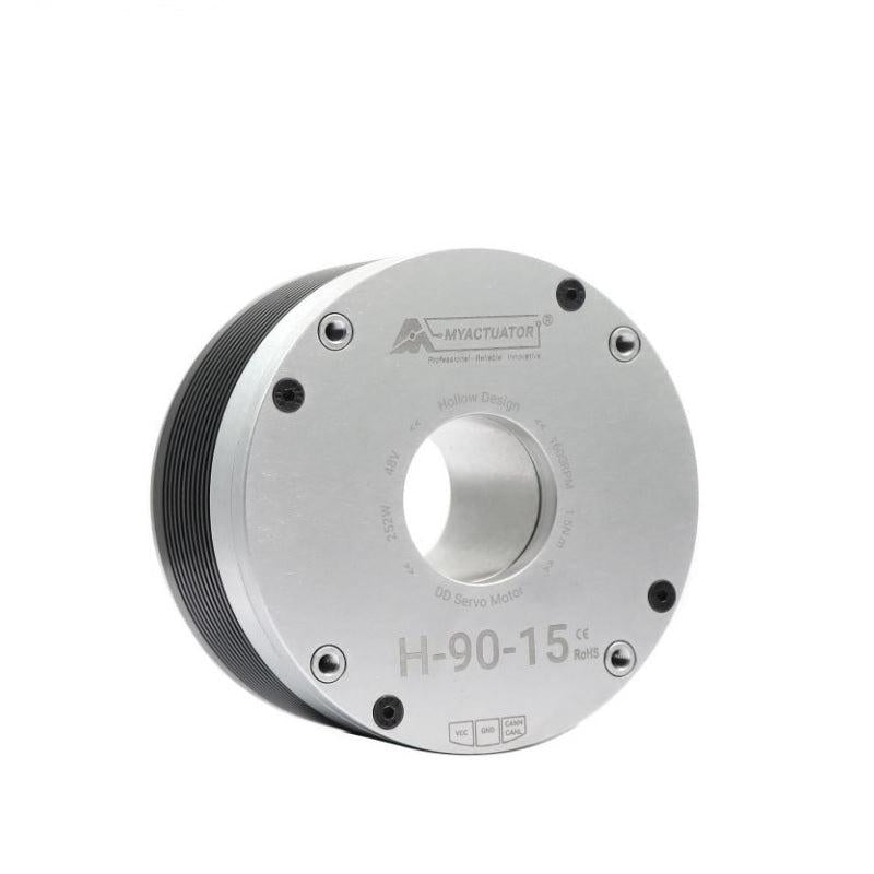 MyActuator RMD-H-90-15 hollow shaft motor, 48V CAN bus servo, front angle view with model marking